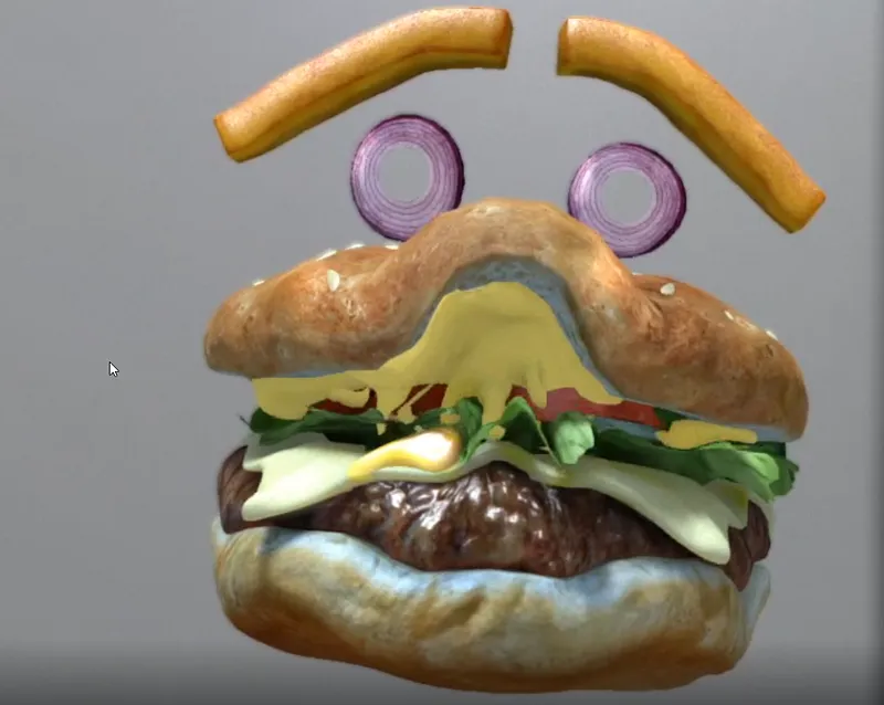 Paul appearing as a burger in a video call using FaceRig virtual cam