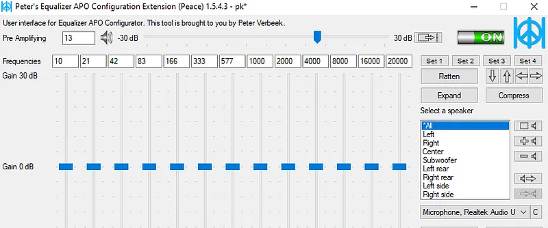 Peace Equalizer APO configuration with Pre Amplifying set to 13