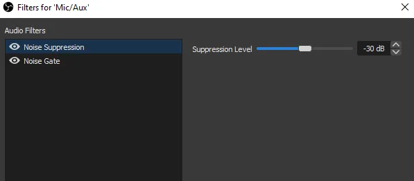 OBS audio filters showing Noise Suppression and Noise Gate configured